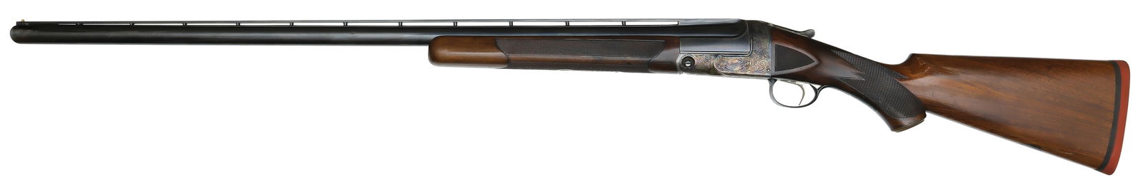 DESIRABLE EARLY PRODUCTION PARKER SC 12 BORE TRAP GUN.: SN. 179772. Cal. 12ga. Built with 34" ventilated rib brl that has white front bead. Rib is hand engraved "PARKER BROS MAKERS. MERIDEN CONN. MADE IN USA". Brl flat with unstruck weight of 3lbs 10oz. an