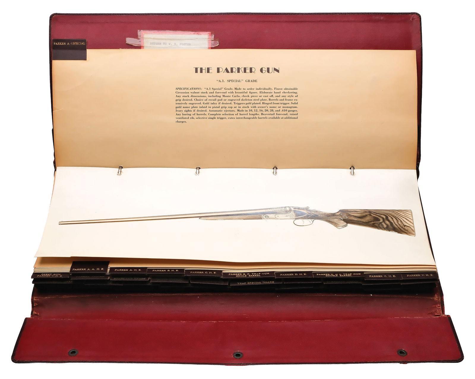EXCEPTIONALLY RARE PARKER/REMINGTON SALESMAN'S PORTFOLIO.: Issued by Remington Arms Co. 6/5/1936, portfolio #69. This salesman's portfolio measuring 20"x9-1/2" when closed, shows all grades of Parker's and numerous Remington's including Model 32, Mo