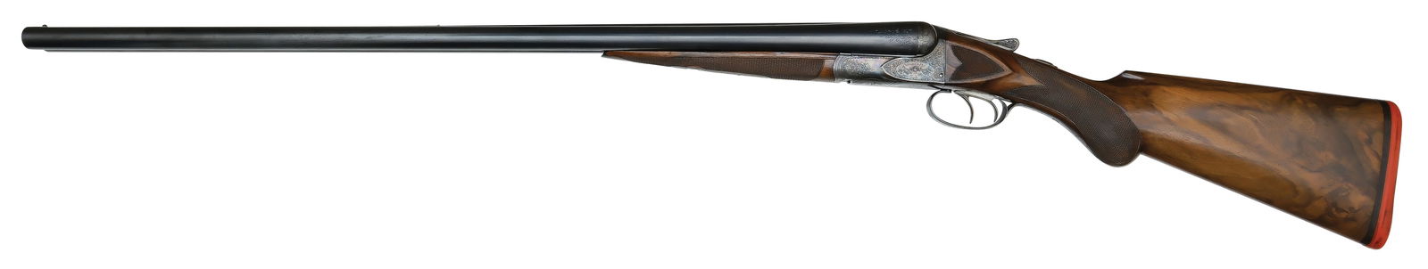 SPECTACULAR AND NEAR MINT ORIGINAL CONDITION A.H. FOX CE GRADE 12 GAUGE WITH ORIGINAL BOX.: SN. 21311. Cal. 12ga. Built with 30" Krupp steel brls that have matted concave top rib with twin steel beads. Tops of brls engraved "KRUPP FLUID STEEL MADE BY" on right and "A.H. FOX GUN CO. PHILA. PA