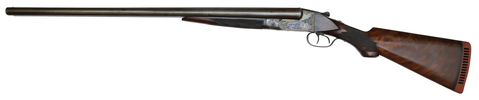 FABULOUS HIGH ORIGINAL CONDITION ITHACA FLUES MODEL GRADE 3 12 BORE SHOTGUN.: SN. 241721. Cal. 12ga. Built with 28" chain damascus brls that have slightly raised matted top rib with brass front bead. Brl flats with SN & "4"(Full) choke stamps at front of flats. Walnut of f