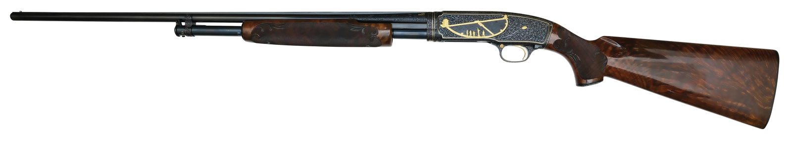 INCREDIBLE HEAVILY ENGRAVED AND GOLD INLAID WINCHESTER MODEL 42 .410 GAUGE SHOTGUN.: SN. 48373. Cal. .410ga. Built with 28" solid rib brl that has small steel front bead. Brl has usual maker's stamps on left side with gold inlaid "SKEET" & WP proof stamps. Brl with 5-1/2" scroll wedge