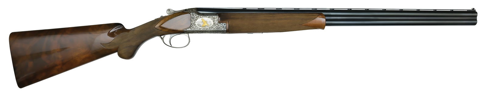 SPECTACULAR EXHIBITION QUALITY BROWNING SUPERPOSED 20 BORE SHOTGUN WITH CASE.: SN. 7425V77. Cal. 20ga. Built in 1977 right at the transition era from Exhibition quality to the P-series with 26-1/4" brls that have matted tapered ventilated rib with white front bead. Brls wit
