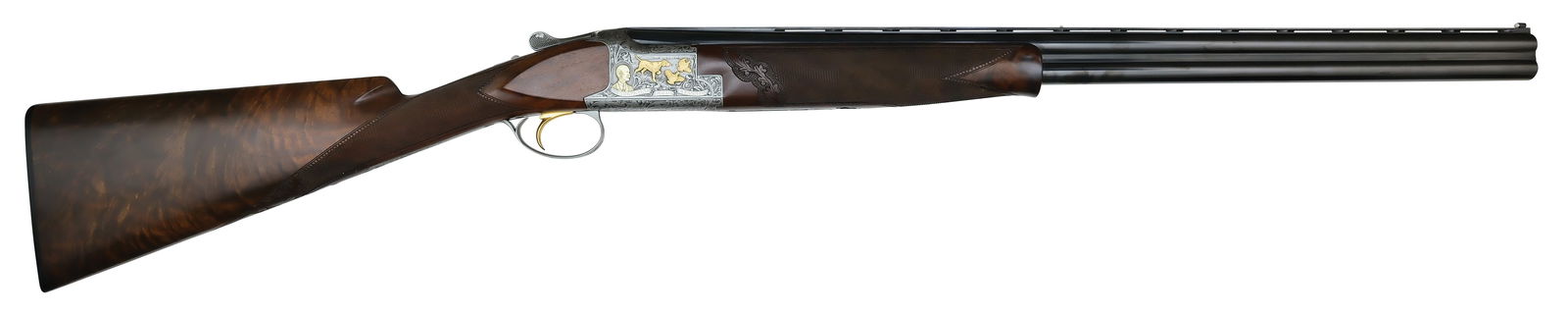 NEAR MINT BROWNING GOLD CLASSIC ONE OF FIVE HUNDRED WITH ORIGINAL BOX.: SN. P33GC029. Cal. 20ga. Introduced in 1984 and intended to a be a series of 500 guns with just 183 produced. This example with 26" matted ventilated rib brls that have twin white beads. Left brl lump