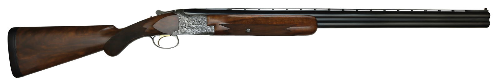 HARD TO FIND BROWNING SUPERPOSED GRADE V 12 BORE TRAP SHOTGUN WITH CASE.: SN. 41044. Cal. 12ga. Built in 1954 with 30" ventilated rib brls that has twin white beads. Brl lumps and breech ends with floral scroll. Left side of lumps with Full/Full choke stamps. Trap walnut fo