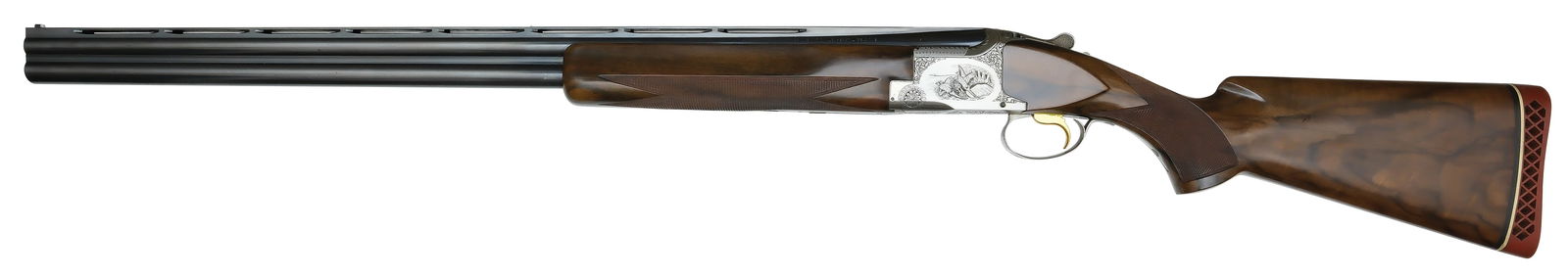 DELIGHTFUL BROWNING SUPERPOSED 12 BORE B2G TARGET GUN.: SN. 55778S75. Cal. 12ga. Built in 1975 with 30" Broadway rib brls that have twin white beads and usual maker's stamps. Left side of brl lumps with Mod/Full choke stamps. Finger groove walnut target fo