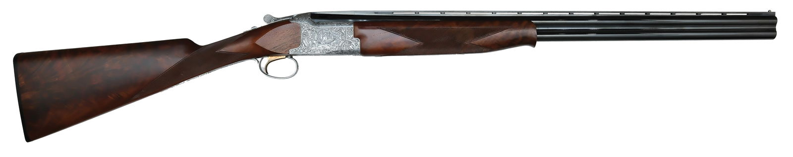 EXCELLENT EARLY PRODUCTION BROWNING CITORI 28 BORE SHOTGUN.: SN. 14155PZ173. Cal. 28ga. Built with 26" ventilated rib brls that have steel front bead. Brl lumps are floral scroll engraved and left side with Imp Cyl/Mod choke stamps. Schnabel tipped walnut foren
