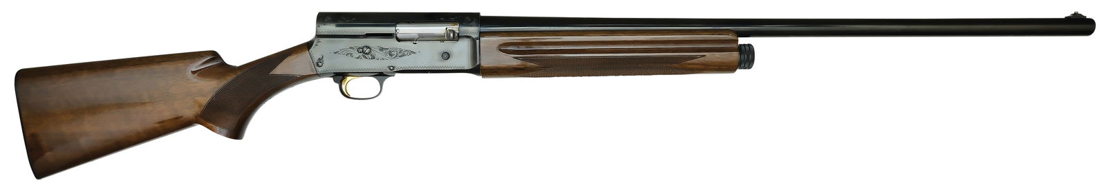 AS NEW BROWNING A-5 LIGHT TWELVE WITH ORIGINAL BOX.: SN. 74G43157. Cal. 12ga. Built in 1974 with 28" matted brl. Finger groove walnut forend checkered in point pattern. Blued receiver engraved in light floral scroll pattern and "LIGH