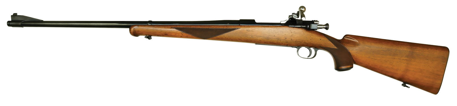 SCARCE R.F. SEDGLEY CUSTOM MODEL 1903 SPRINGFIELD SPORTING RIFLE IN .22 HORNET.: SN. 90284. Cal. .22 WCF. Fine custom now bears a 24" blued round brl that has ramp blade front sight with hood. Top of brl is stamped "R.F. SEDGLEY, INC. PHILA,PA. U.S.A.". Left side of breech end of