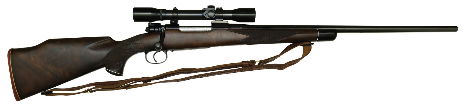 EXCELLENT GOLD INLAID W.A. SUKALLE MAUSER BOLT ACTION CUSTOM RIFLE IN .270 WCF CALIBER WITH SCOPE. (1 of 2)