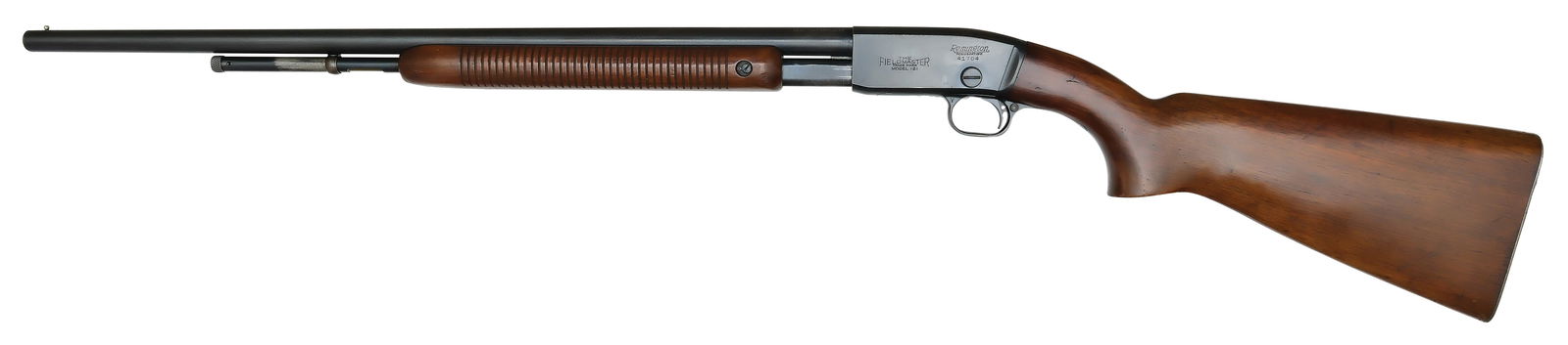 SCARCE REMINGTON MODEL 121 SMOOTH BORE "FIELDMASTER".: SN. 41704. Cal. .22. Built with 23" blued round brl that has brass front bead. Left side of brl stamped "22 CAL. MO-SKEET-O- BORE". Grooved walnut forend. Blued receiver. Left side with usual maker's