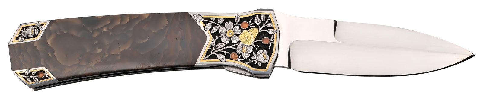Scott Sawby Custom Folding Knife: Custom folding knife with jasper wood gripes, flower and butterfly engraving with gold inlay. Maker's engraving with "ATS" on one side of blade. Blade length is 2.5", overall length is 6.25". Ple