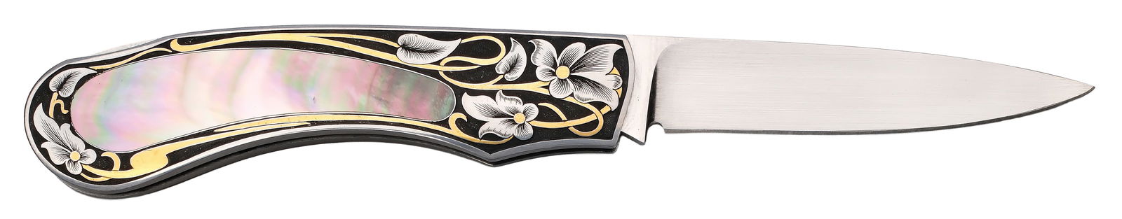 David Taylor Custom Folding Knife: Small penknife, handle is comprised of stainless steel with gold and pearl inlay on both sides of grip around a floral design. Maker's engraving on one side of blade. Blade length is 2.25", overall le