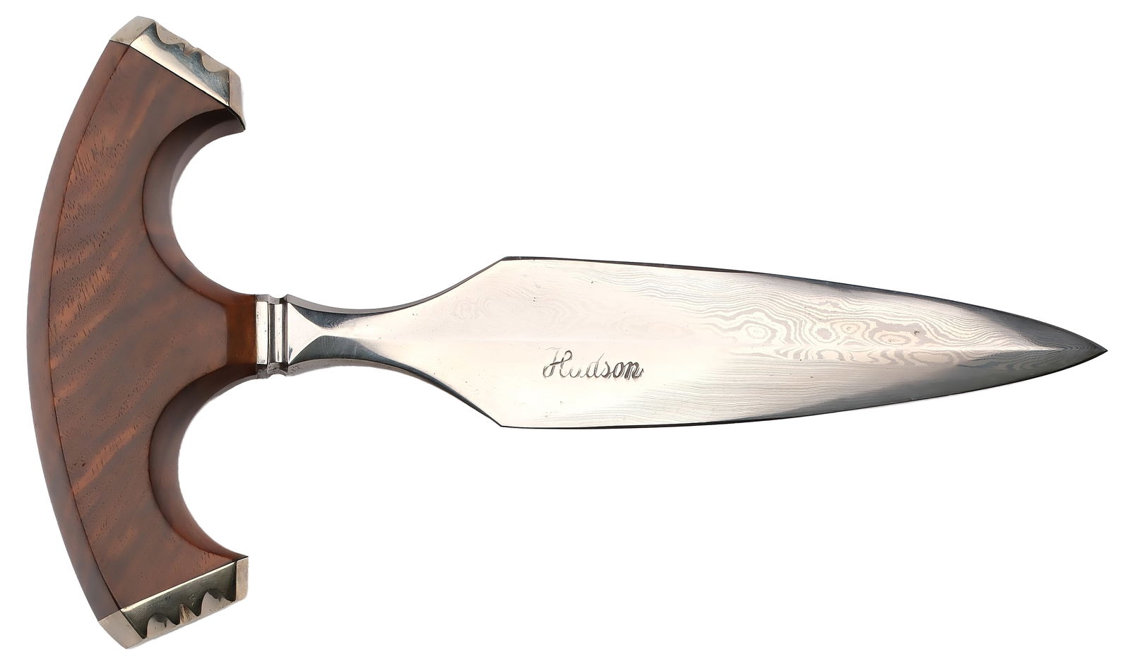 Robin C Hudson Custom Knife: Damascus push dagger with wood and steel handle. Blade length is 5.75", overall length is 7.5". Please review photos, knife appears excellent and original. 