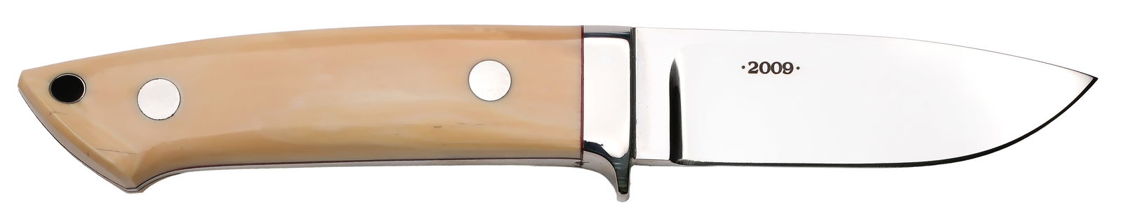 R. L. Dozier Custom Knives: Early Hunter features a mirror polished drop point blade with tapered tang "CTS-40CP" on back of blade, Makers Stamp one one side. Blade measures 3.5", overall length is 8.25". Please review