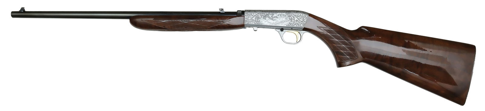 ADORABLE MAGIS GAME SCENE FACTORY ENGRAVED BROWNING SA-22 GRADE III RIFLE.: SN. 60067T57. Cal. .22LR. Built in 1975 with 19-1/4" brl that has flip up rear sight and blade front sight. Skipline checkered walnut forend checkered in point pattern. French gray receiver engraved
