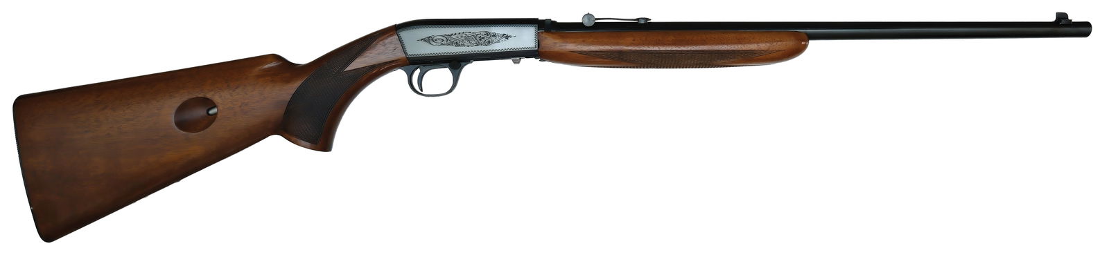 SUPERB NEAR MINT EARLY PRODUCTION BROWNING GRADE III SEMI-AUTO 22 WITH WHEEL SIGHT AND TOLEX CASE.: SN. 33475. Cal. .22LR. Built with 19-1/2" blued round brl that has wheel sight and fixed blade front sight. Brl with usual early maker's stamps. Point pattern checkered walnut forend. Blued receiver