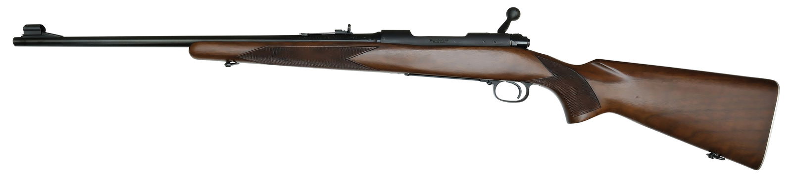 AS NEW FACTORY ORIGINAL WINCHESTER MODEL 70 STANDARD GRADE FEATHERWEIGHT RIFLE WITH ORIGINAL BOX.: SN. 373267. Cal. .270 Win. Built in 1956 with 22" Featherweight brl that has adjustable rear sight and ramp blade front sight with hood. Left side of brl with usual maker's stamps. Checkered waln