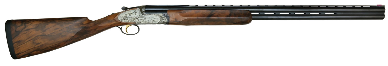 GORGEOUS D. CORTINI ENGRAVED PERAZZI SCO/C 12 BORE PIGEON GUN WITH CASE.: SN. 112382. Cal. 12ga. Proved in 1998 and built with 29-1/2" matted ventilated top rib with orange front sight. Mid rib is also ventilated. Polished flat with SN and proof stamps. Finger groove walnut