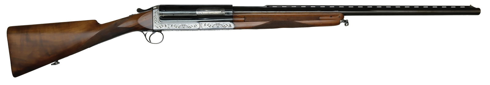 VERY COOL EARLY PRODUCTION COSMI 12 BORE SHOTGUN ENGRAVED BY THE BONSI BROTHERS.: SN. 1661. Cal. 12ga. Proved in 1958 and built with 26" ventilated rib brl that has small brass front bead. Left side of brl stamped "ACCICIO BOHLER ANTINIT" Finger groove walnut forend is diamond patt