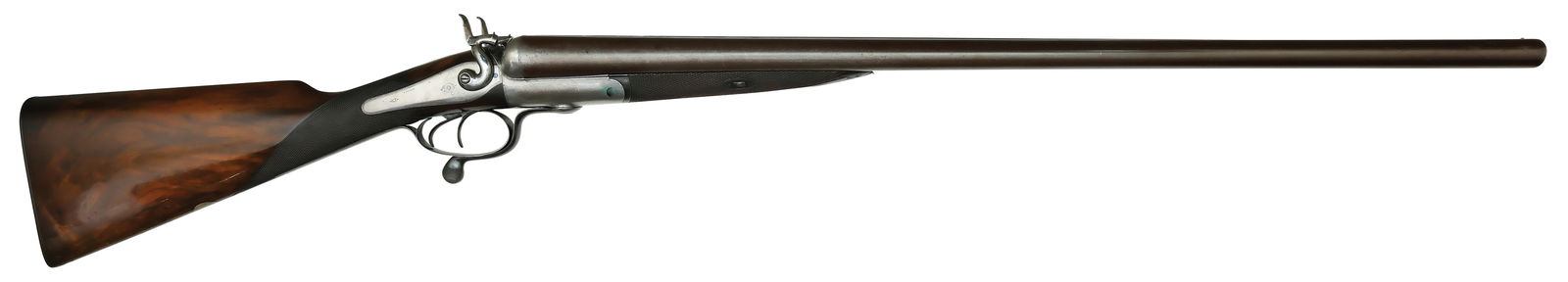 SCARCE MODERN PROVED 8 BORE HAMMER SHOTGUN BY JAMES PURDEY.: SN. 9639. Cal. 8ga. Built with 32" damascus brls that have plain concave top rib with brass front bead. Tops of brls engraved "J. PURDEY" on left "314-1/2 OXFORD STREET, LONDON." on right. Brl flats s