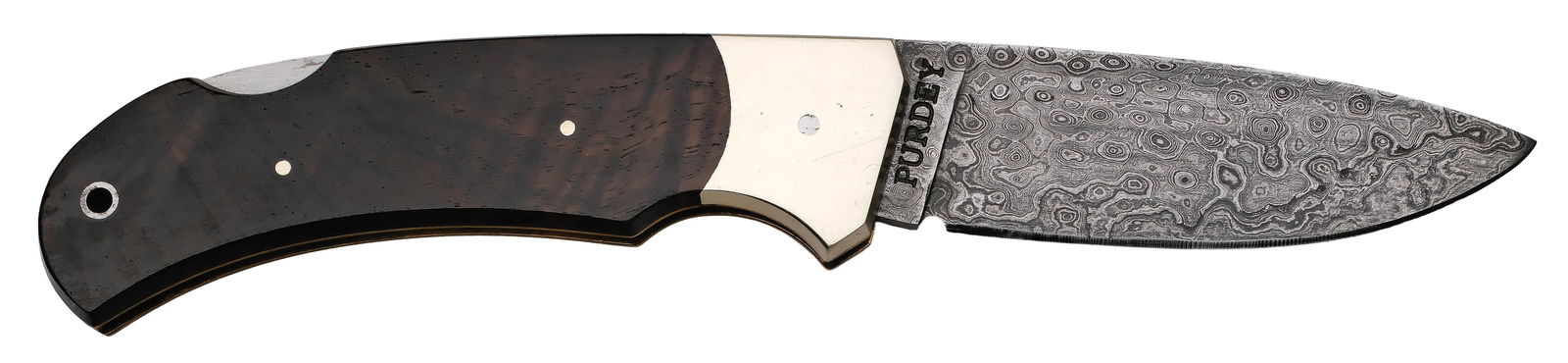 BEAUTIFUL ROSEWOOD GRIPPED JAMES PURDEY DAMASCUS KNIFE.: Beautiful folding pocket knife by James Purdey with 3" damascus blade stamped "PURDEY". Knife built with beautifully figured rosewood handles. Housed in a full leather Purdey sheath Excellent as