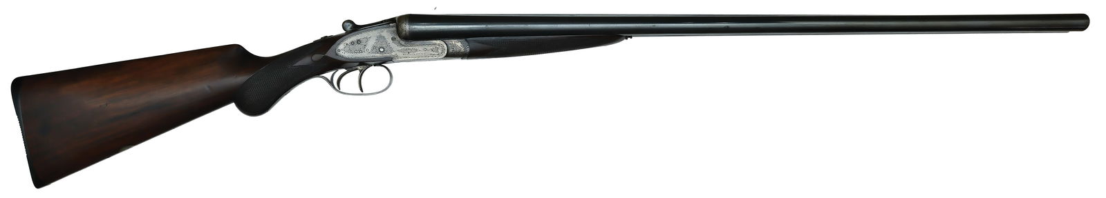 EXTREMELY RARE WILLIAM EVANS 12 BORE HEAVY PROOF PIGEON GUN.: SN. 14226. Cal. 12ga. Built with 32" steel brls that have file cut slightly raised rib with small brass front bead. Tops of brls engraved "WILLIAM EVANS." on right and "63 PALL MALL, ST JAMES'S,