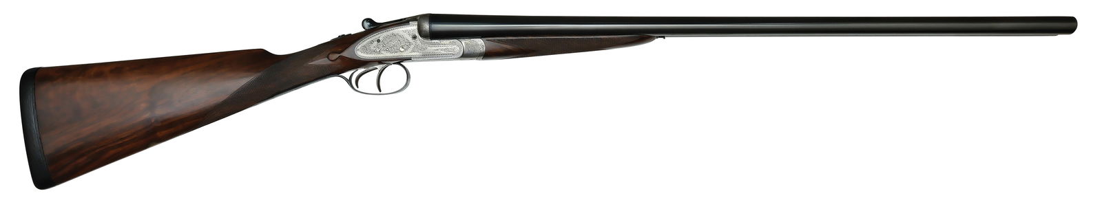 HANDSOME WILLIAM EVANS FULL SIDELOCK 12 BORE GAME GUN WITH ORIGINAL CASE.: SN. 80785. Cal. 12ga. Originally built as No. 2 of a pair, this gun with 28" fluid steel brls that have concave top rib with small brass front bead. Top of brl is hand engraved "WILLIAM EVANS 65 PALL