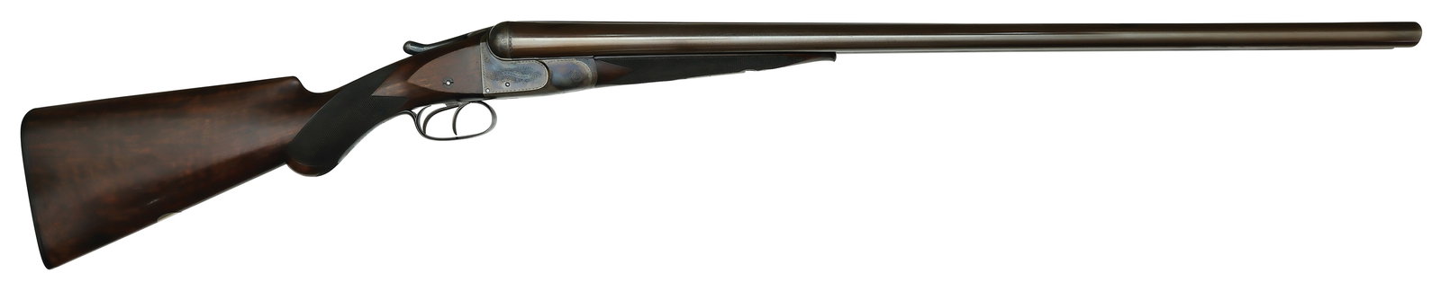 SCARCE HEAVY PROOF W.W. GREENER "G GUN" 10 BORE WITH CASE.: SN. 36888. Cal. 10ga. Finished in August 1889 with 30" damascus brls that have concave top rib with small brass front bead. Rib engraved "WW GREENER 68 HAYMARKET LONDON, WINNER AT THE LONDON