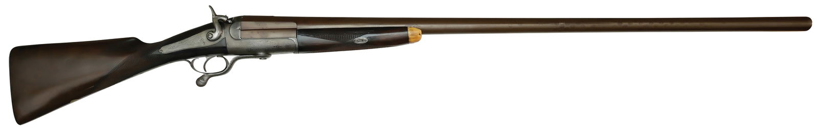 SCARCE AND DESIRABLE 4 BORE HAMMER SHOTGUN BY S. WARRELL.: SN. 649903B. Cal. 4ga. Made with a 42” damascus brl that has short quarter rib at breech end. Brl flat stamped “4” and bottom of brl with proof stamps. Wedge fastened splinter