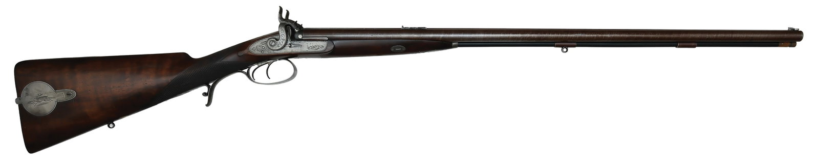 QUALITY ANTIQUE DOUBLE RIFLE BY WILLIAM MOORE & Co., LONDON c1850.: OA 46”, 30” Damascus twist steel barrels, muzzleloader 44 cal., 9 lbs. Signed W.M. & Co. on the barrel and the lock. There were numerous gun makers by the name of William Moore