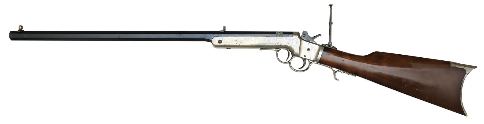 VERY NICE FRANK WESSON 6TH TYPE TWO TRIGGER SPORTING RIFLE.: SN. NVSN. Cal. .32RF. Built with 24-1/2" blued octagon brl with fixed rear sight and flip up globe front sight. Nickel plated receiver and trigger guard. Casehardened hammer. Flip up adjustable