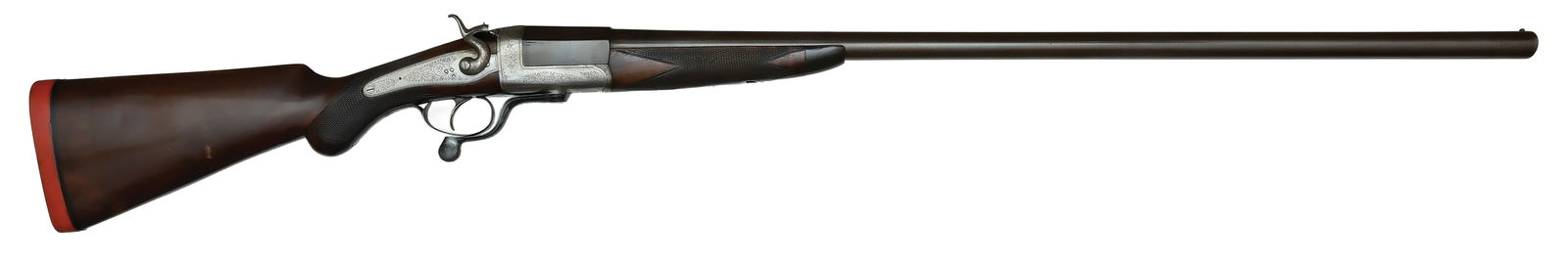 VERY COOL MIDLAND GUN CO. 8 BORE SINGLE BARREL HAMMER SHOTGUN.: SN. NVSN. Cal. 8 Bore. Built with 35-3/4" damascus brl that has small brass front bead. Top of brl engraved "MIDLAND GUN CO BIRMINGHAM.". Breech end is octagonal shaped and has scroll wedge