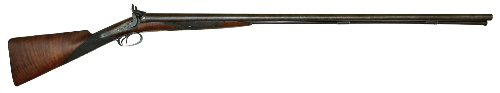 INTERESTING C. FOLSOM ENGRAVED 11 BORE MUZZLELOADING DOUBLE SHOTGUN.: SN. NVSN. Cal. 11 Bore. Built with 41-1/2" laminated steel brls that have concave rib engraved "CHARLES FOLSOM 203 BROADWAY - NEW YORK". Forestock area is point pattern checkered, double wedge