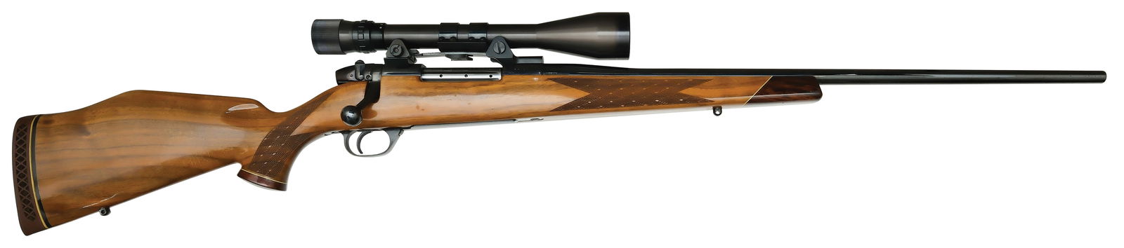 EXCELLENT WEST GERMAN BUILT WEATHERBY MARK V RIFLE WITH SCOPE IN .300 MAGNUM CALIBER.: SN. P7101. Cal. .300 Mag. Built with 24" tapered blued round brl. Right side stamped "MADE IN W.-GERMANY" and left side "WEATHERBY/.300 MAGNUM". Walnut stock with white lined rosewood forend is