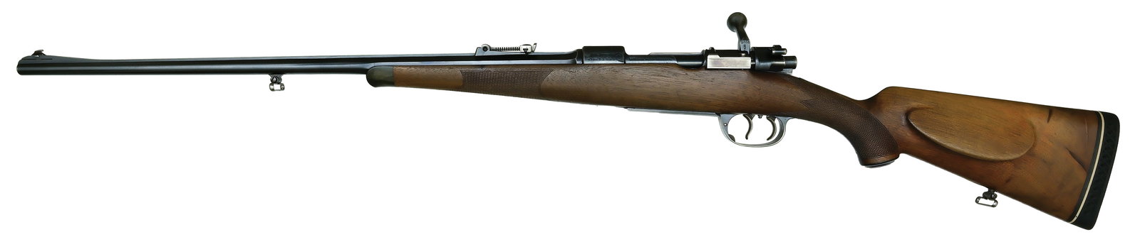 COMMERICAL MAUSER-OBERNDORF .30-06 SPORTING RIFLE.: SN. 82666. Cal. .30-06. Built with 23" half octagon half round blued brl that has solid matted top rib. Adjustable rear sight 50 to 1000 yards and fixed ramp blade front sight. Rib is stamped "WAFFENF