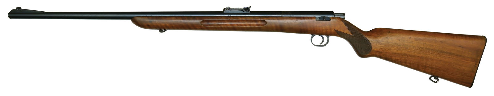 MAUSER PATRONE RIFLE IN .22 LONG RIFLE CALIBER.: SN. 69301. Cal. .22LR. Built with 25-1/2" blued round brl that has 200 yard adjustable rear sight and ramp blade front sight. Left side of brl with SN, maker's stamp, and "4/59" date stamp. Blued rece