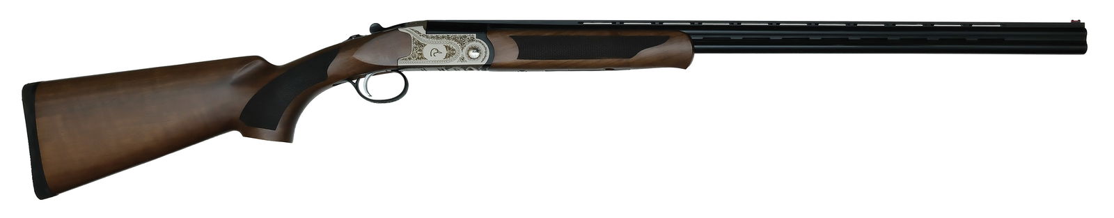 DUCKS UNLIMITED POINTER ACRIUS .410 BORE O/U SHOTGUN WITH ORIGINAL BOX BY LEGACY SPORTS: INTERNATIONAL. SN. 21OU-KRC07946. Cal. .410ga. Built with 28" ventilated rib brl that has pink front sight. Checkered walnut forend with Schnabel tip. Satin receiver is scroll engraved with DU e