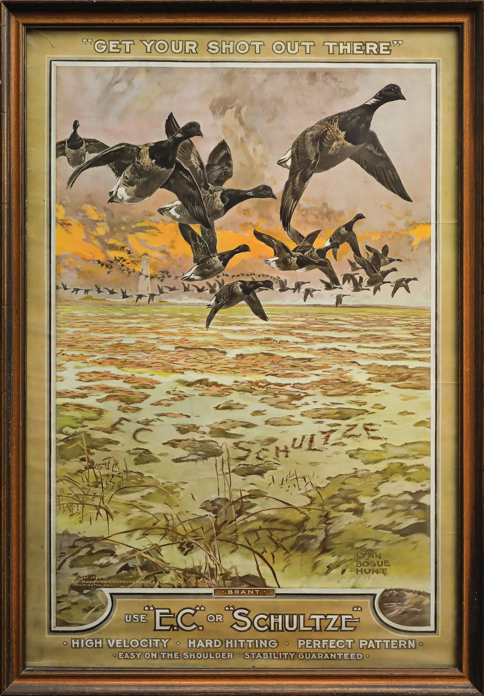 Rare Schultze advertising poster.: Artwork by Lynn Bgue Hunt. Image measures 25" x 17". A few short creases coming in from edges, otherwise very good and original.