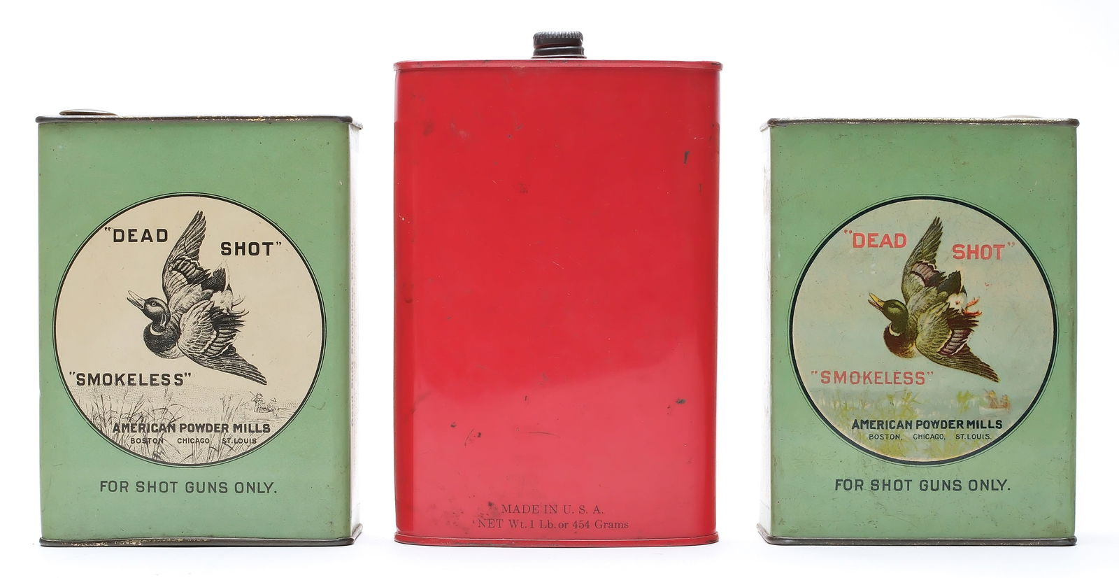 King Powder Company, rare Quick Shot gun powder tin.: Label remains mostly intact with very little wear. Red painted tin measures 4”. Provenance: From the Sotheby's sale of the Jim McCleery collection.