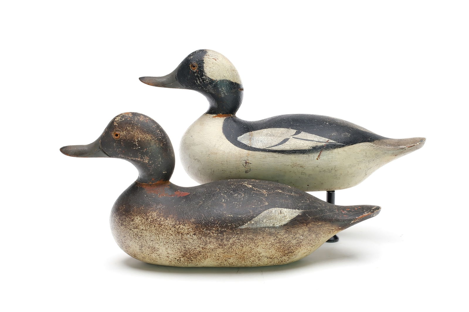 Mason Decoy Factory (1889-1924), Detroit, Michigan.: Very rare rigmate pair of buffleheads. Challenge grade with snakey head style. Mackey collection ink stamp on undersides. Measure 12.25" long. Provenance: William J. Mackey Jr collection Jim and Diane