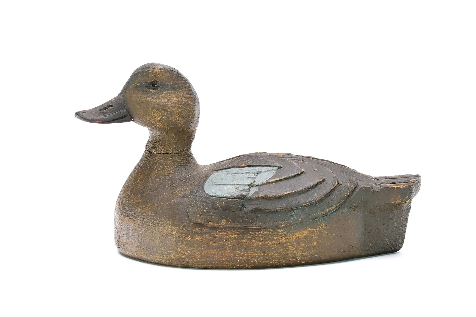 William Cooper (1886-1975), Verdun, Quebec.: Bluewing teal hen with deep relief wing carving. Slightly turned head. Measures 10.5" long. Provenance: Jim and Diane Cook collection.