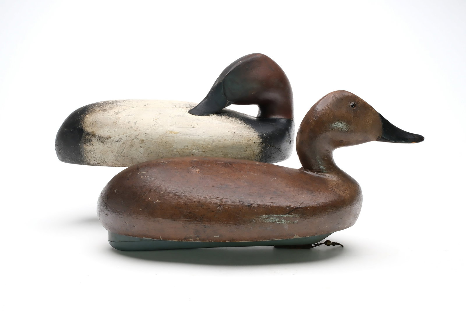Danny Scrivens (1880-1942), Detroit, Michigan.: Pair of canvasbacks. Drake in preening pose. "101" branded twice on underside of hen. "CL Gransden" branded twice on underside of drake. Measure 13" and 16" long. Provenance: Jim and Diane Cook collec