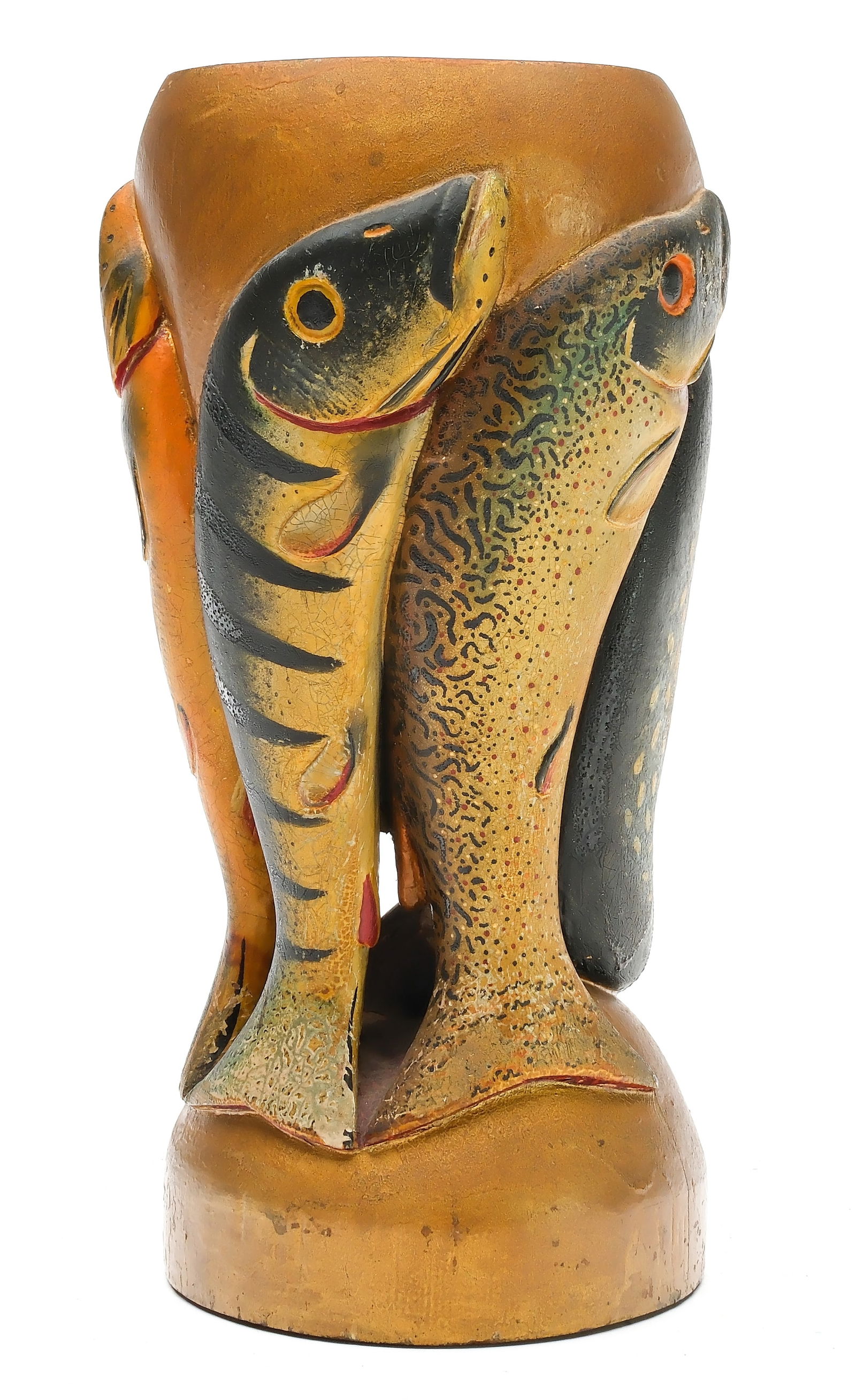 Oscar Peterson (1887-1951), Cadillac, Michigan.: The tallest of the known Peterson fish vases. With four different species deeply carved in relief from one piece of wood. A northern pike, bluegill, perch, and a brook trout. All with carved eyes. Mea