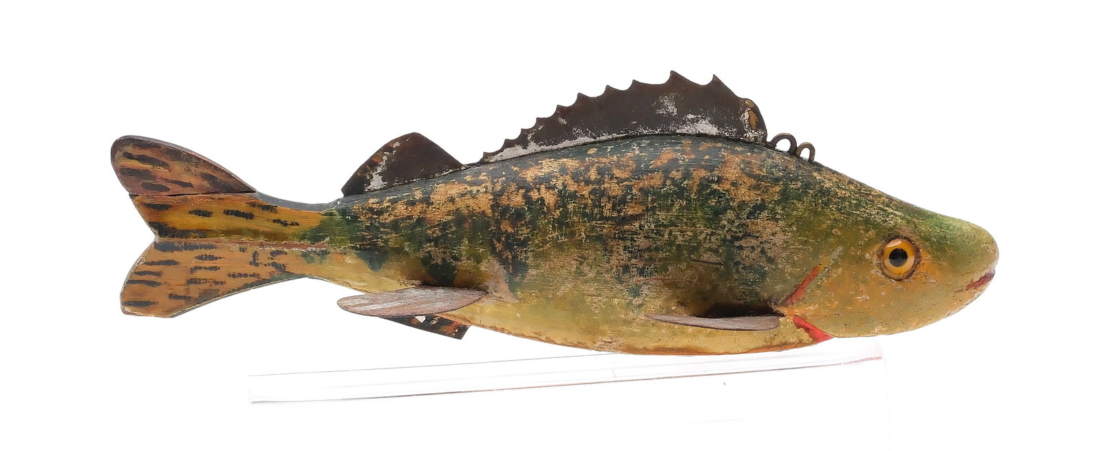 Monroe kissing fish, Monroe, Michigan, 1st quarter 20th century.: Perch fish decoy. Glass eyes. Seven metal fins and tuna style tail. Measures 7" long. Provenance: Private Michigan collection.
