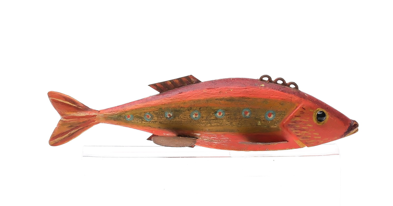 Monroe kissing fish, Monroe, Michigan, 1st quarter 20th century.: Glass eyes. Carved lips and gills. Metal fins. Measures 5.75" long. Provenance: Private Michigan collection.
