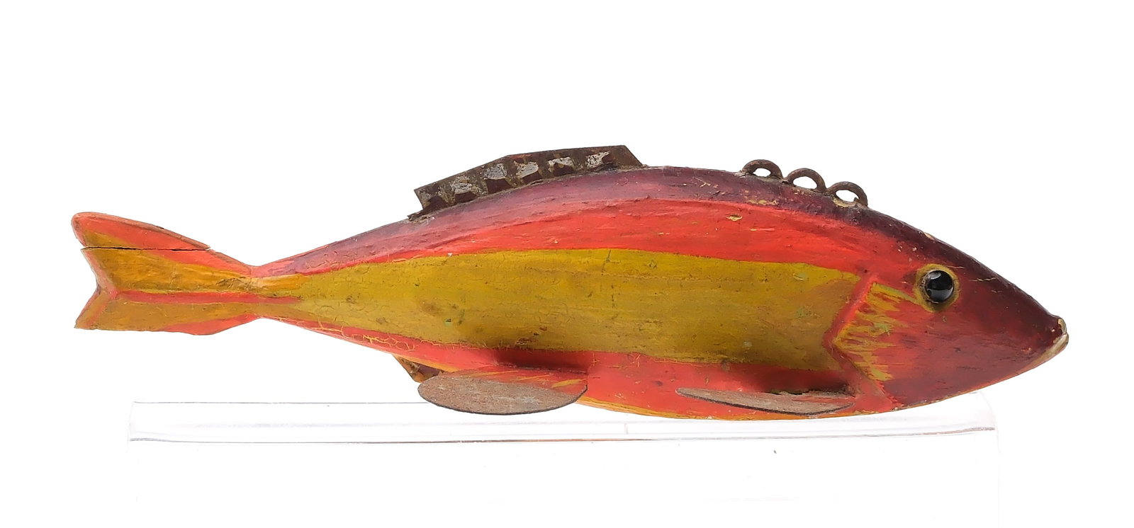 Monroe kissing fish, Monroe, Michigan, 1st quarter 20th century.: Glass eyes. Carved lips and gills. Metal fins. Measures 5.5" long. Provenance: Private Michigan collection.