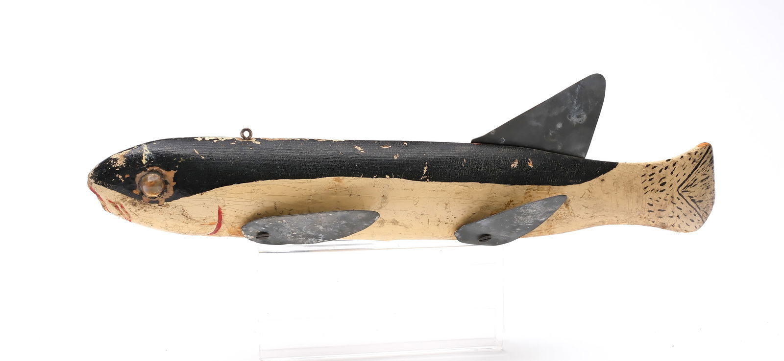 Gordon Sears, Mt. Clemens, Michigan, 1st half 20th century.: Shad fish decoy. Rail road reflector eyes. Carved mouth and gills. Metal fins are bent and applied to body. Measures 13" long. Provenance: Private Michigan collection.