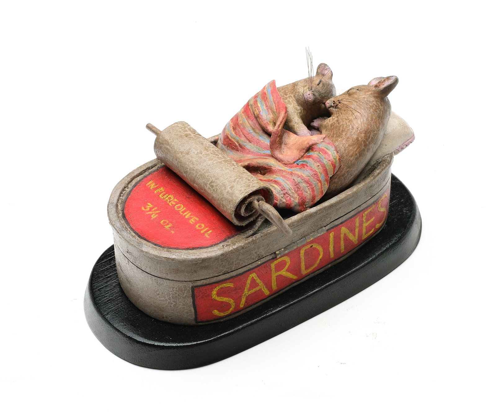 Frank Finney (b.1947), Cape Charles, Virginia.: A cuddling pair of house mice. Wrapped in a painted blanket, laying on top of a pillowed mattress tucked inside an open sardine can. Made as a lift top box. Top of can reads "In pure olive