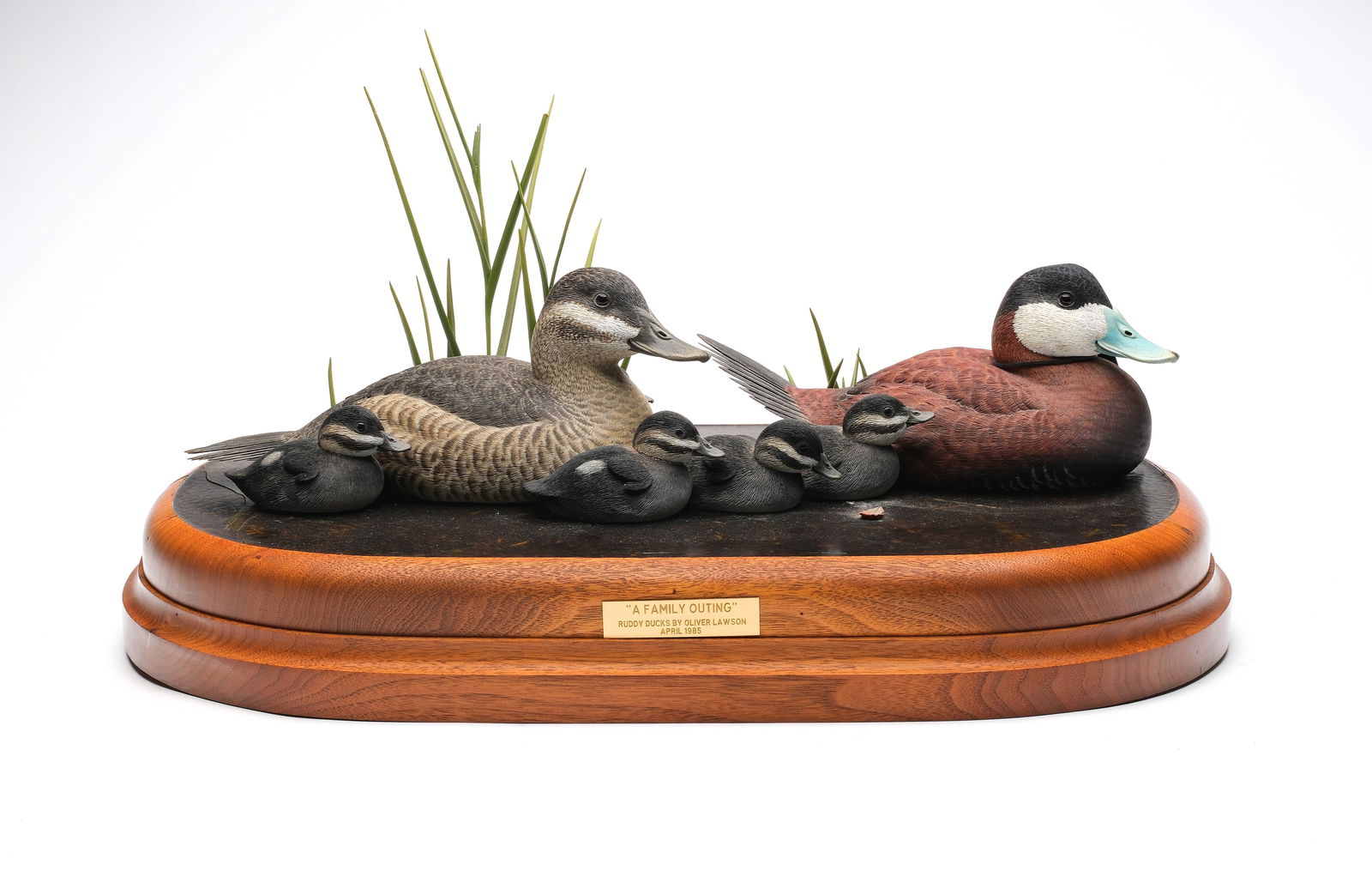 Oliver Lawson (b.1938), Crisfield, Maryland.: Excellent diorama of a ruddy duck family. Decorative carving includes a pair with five chicks. Highly detailed feather carving. Chicks with relief wing carving. Drake is signed and dated 1985 on under