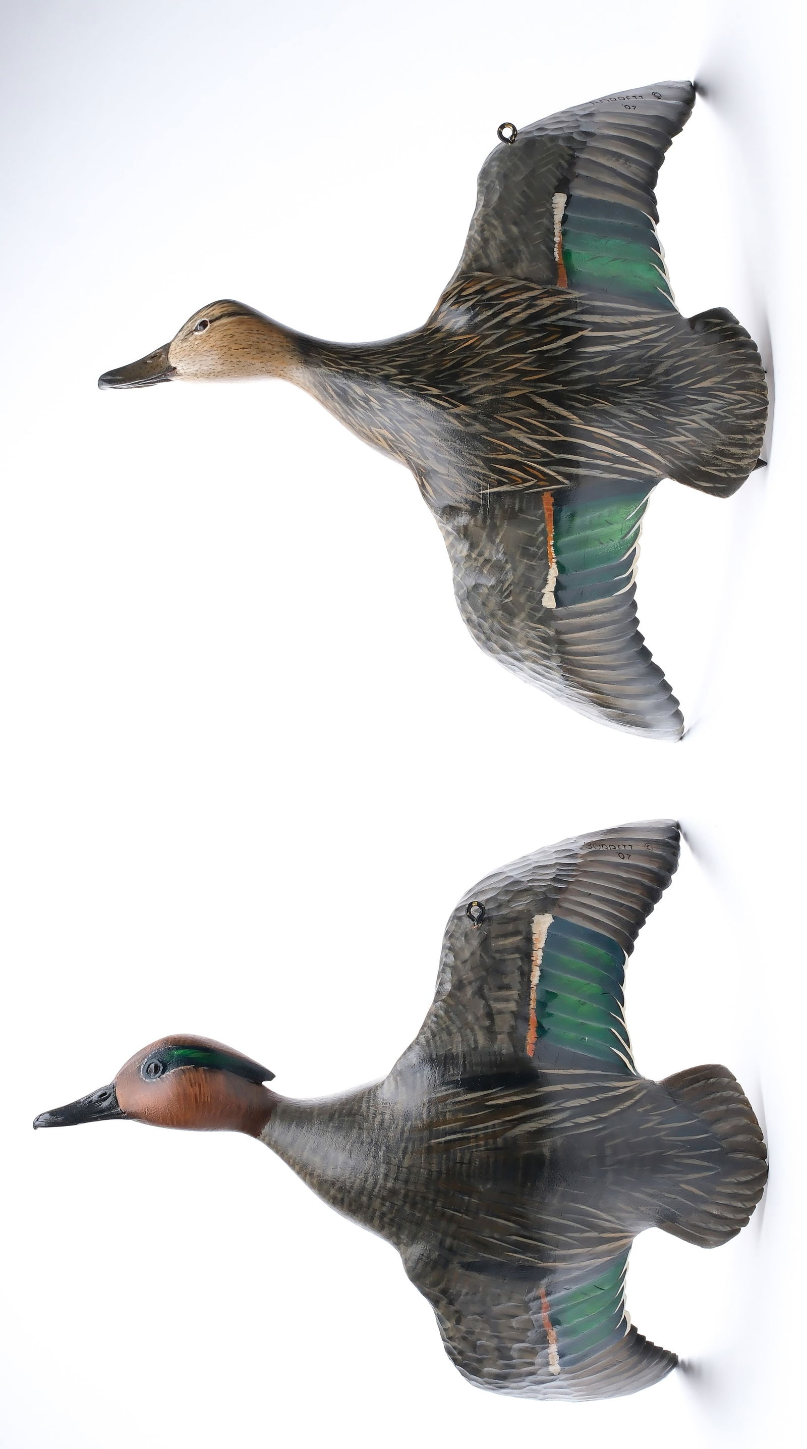 Mike Borrett, (b.1960), Madison, Wisconsin.: Pair of flying greenwing teal. Outstretched wings with deep relief feather carving. Borrett 07 carved on wings. Measure 13.5" long, with a 14" wingspan.